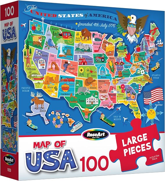 RoseArt Map of USA Puzzle for Kids 100 Large Pieces, 24" x 18" Educational United States Puzzle with Fun State Illustrations Made in USA Learning Toy for Ages 6+