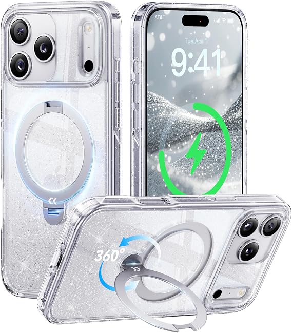CASEKOO Clear Shimmer 360 Spin Magnetic Stand for iPhone 17 Pro Max Case | Pearlescent, for Women, Fit for MagSafe, 17FT Drop Protection, Chic Design for 17 Pro Max Case with Stand, Sparkle Clear