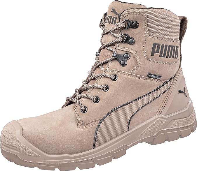 PUMA Safety Conquest Black High Work Boots Safety Boots S3 HRO SRC Fibreglass Cap Penetration Protection Non-Slip Heat Resistant Men, stone, 8 UK