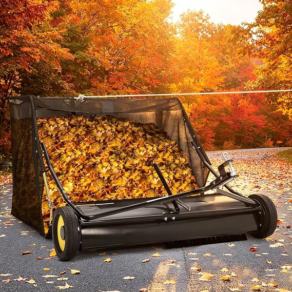 50" Pull-Behind Lawn Sweeper with 27 Cu.ft Large-Capacity Collector Heavy-Duty Tow-Behind Leaf & Grass Sweeper for Tractors & ATVs, Adjustable Sweeping Height & Easy Dump Rope Design