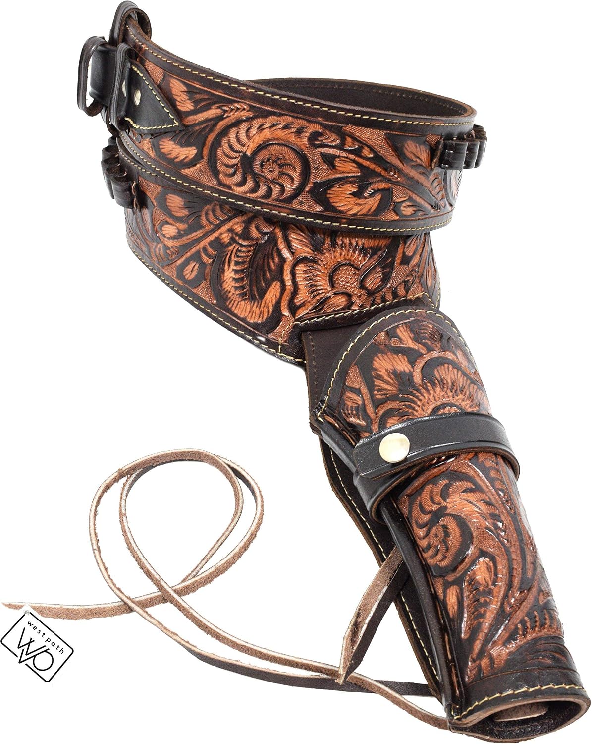 38357 Caliber Western Leather Gun Holster & Belt - Cowboy Style Single Drop Rig Standard Barrel - Authentic Handmade Hand Tooled