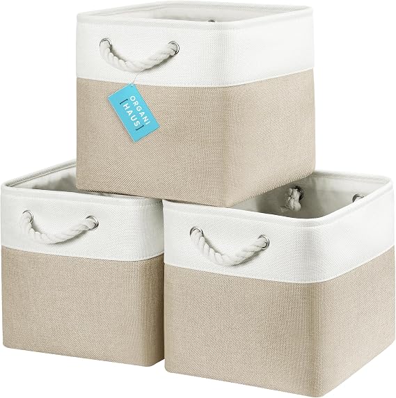 OrganiHaus Aufbewahrungsbox 28x28cm 3er-Set Würfelkörbe aus Stoff mit Seilgriffen Faltbare Aufbewahrungswürfel für Kallax Organizer Ablagekörbe für das Kinderzimmer Beige/Weiß