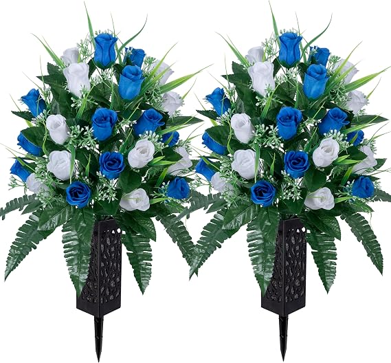 LVXINLI 2 Sets Artificial Cemetery Flowers,Outdoor Grave Decorations Roses,Beautiful Arrangements Bouquet with Cemetery Vase,Lasting and Non-Bleed Colors (White+Dark Blue)