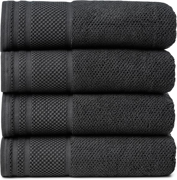 Texere 100% Organic Cotton Rice Weave Jacquard 700 GSM Luxury Bath Towel Sets - Ultra Soft and Absorbent Hotel and Spa Quality (Rice Weave, Black, 4 Bath Towels)