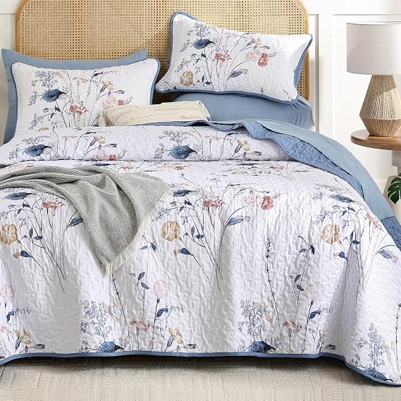 WONGS BEDDING Botanical Quilt King Size,3 Pieces Navy Blue Bedspread Set