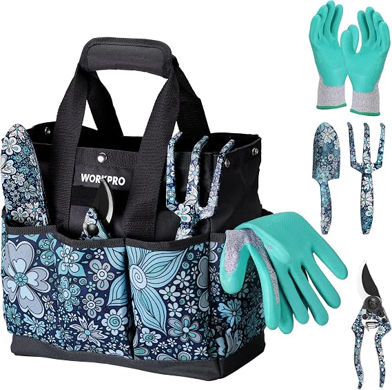 WORKPRO 5PCS Garden Tool Set, Aluminum Heavy Duty Gardening Tool Set | With Garden Tool Bag, Outdoor Garden Hand Tools, Floral Blue