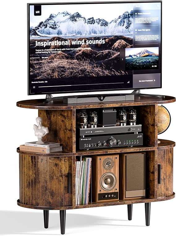 35.4" Fluted Small TV Stand, Mid Century Modern TV Stands for Bedroom, TV Entertainment Center with Storage for TVs, Media Console Cabinet with Sliding Doors for Bedroom, Living Room, (Brown)