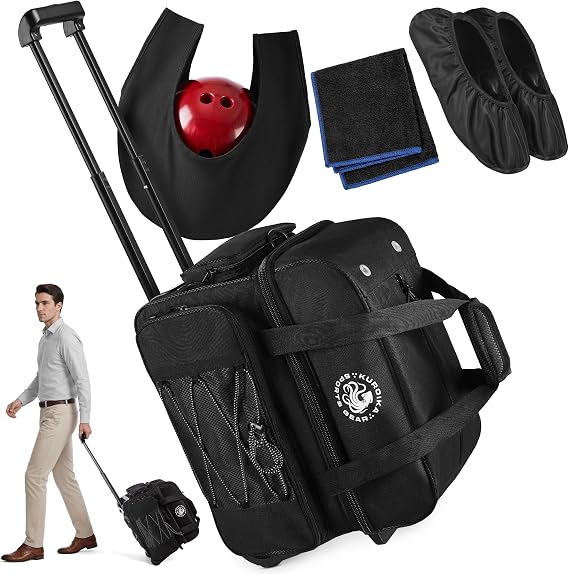 2 Ball Bowling Bag with Separate Shoe Compartment, Includes Shoe Covers, See-Saw Towel & Cloth, Heavy-Duty Bowling Ball Bags with Ample Storage, Roller Black Bowling Bag with Wheels
