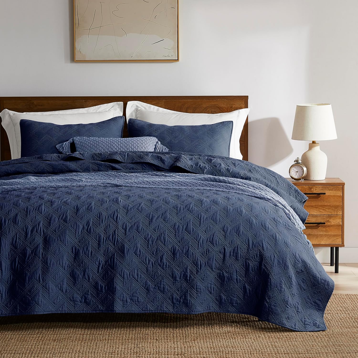 WDCOZY Navy Blue 100% Cotton Quilt Bedding Sets King Size with 2 Pillow Shams, Shabby Chic Rustic Textured Gauze Lightweight Country Soft Bedspread Coverlet for All Season, 3 Pieces, 106x96 inches
