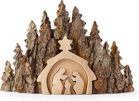 Forest Decor Wooden Nativity Set - Decorative Religious Figurines - Christmas Table Decorations - Handmade Rustic Christian Decor - Premium Wood Nativity Scene Ornament for Home or Living Room