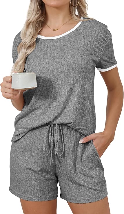 HDLTE Womens Ribbed Sleepwear Outfits Short Sleeve Top and Shorts 2 piece Lounge Set