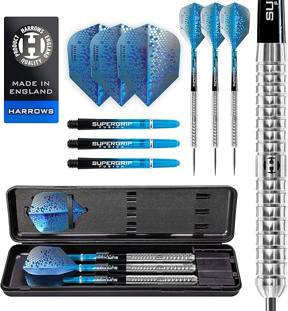 Harrows Pulse 90% Tungsten Steel Tip Darts Set 21g, 22g, 23g, 24g, 25g & 26g - Includes Recessed Curve Grip, Aqua Supergrip Fusion Shafts, Prime Flights & Travel Case