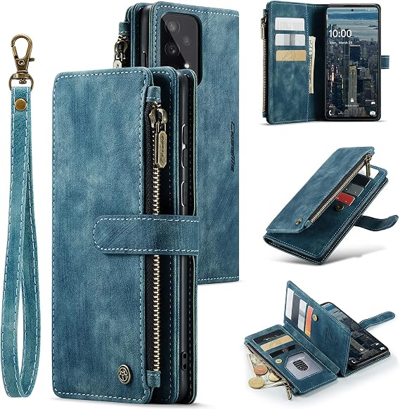 UEEBAI Wallet Case for Phone, Premium PU Leather Handbag Case with Card Slots Magnetic Closure Zipper Pocket Kickstand with Wrist Strap - Vintage Blue