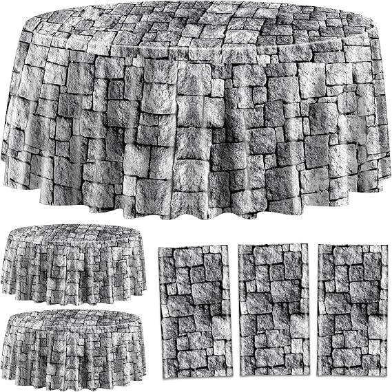 3 Pcs Stone Wall Tablecloths, Cobblestone Tablecloths, Round Brick Tablecloth, Stone Pattern Table Cover, Stone Wall Backdrop for Medieval Castle Knight Halloween Party Decor, 84 x 84 Inch (3)
