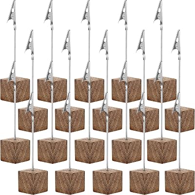 20 Pcs Cube Base Memo Clip Holder with Alligator Clip Wood Table Number Holder Cube Base Place Card Stand Mini Photo Menu Stand for Displaying Number CardWood Color
