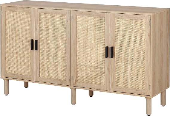 Finnhomy 4 Door Sideboard Buffet Cabinet, Kitchen Storage Cabinet with Rattan Decorated Doors, Cupboard Console Table, Boho Accent Liquor Cabinet for Home Bar, 62.3X 15.7X 34.6 Inches, Natural