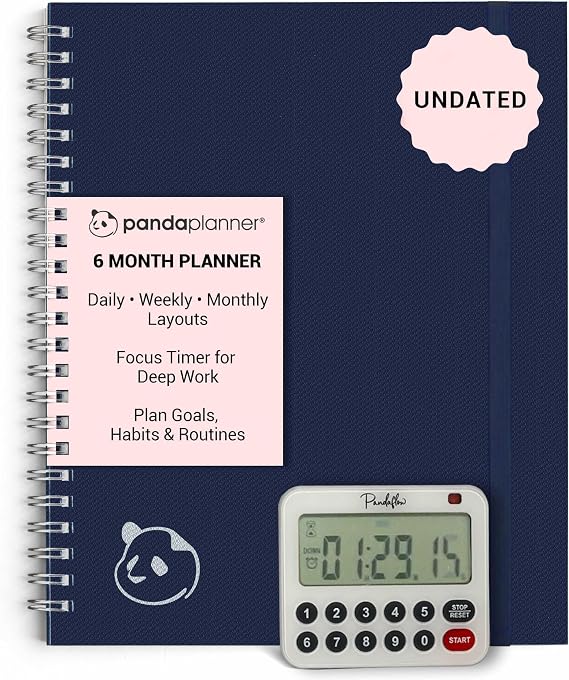 Panda Planner 2026 Ultimate Luxury 6-Month Undated Daily Planner with Focus Timer Premium Spiral Bound Productivity & Academic Planner with Monthly, Weekly & Daily Layouts for Goal Setting, Habit Tracking, and Mental Clarity (Navy Linen)