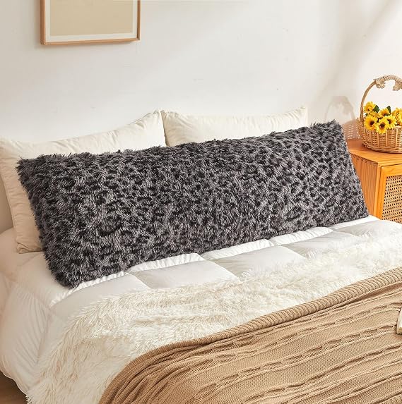 XeGe Fluffy Faux Fur Cheetah Print Body Pillow Cover, 4.6ft, Light Grey
