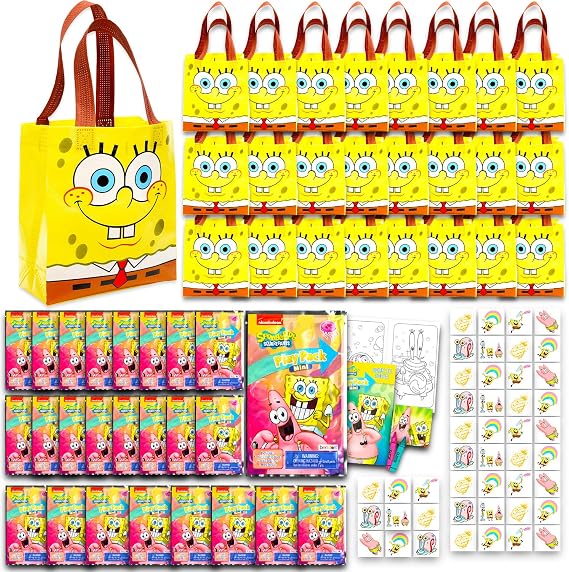 Spongebob Party Favors Ultimate Bundle - 24 Guest Set with Party Bags, Mini Coloring Activity Book Set, Stickers, and Temporary Tattoos | Spongebob Birthday Party Supplies for Kids
