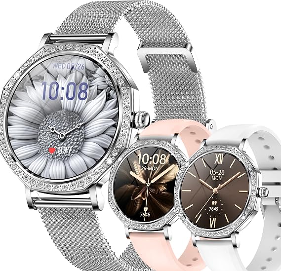 1.32" AMOLED Women's Smart Watch with Calls and Whatsapp, Military Smart Watch with 123 Sports Modes/SpO2/Sleep, 3ATM Waterproof Men's Smartwatch for Android iOS (Silver)