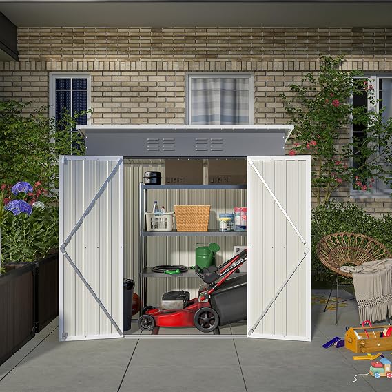 Metal Garden Outdoor Storage Shed, Garden Tool Shed,Lockable Door Bike Storage for Backyard, Patio, Lawn (4ftx6ft,Black) (White)