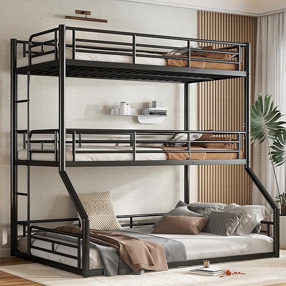 Bellemave Metal Triple Bunk Bed with Full-Length Guardrails, Twin Over Twin Over Full Bunk Bed for 3, Noise-Reduced & Multifunctional, Metal Black