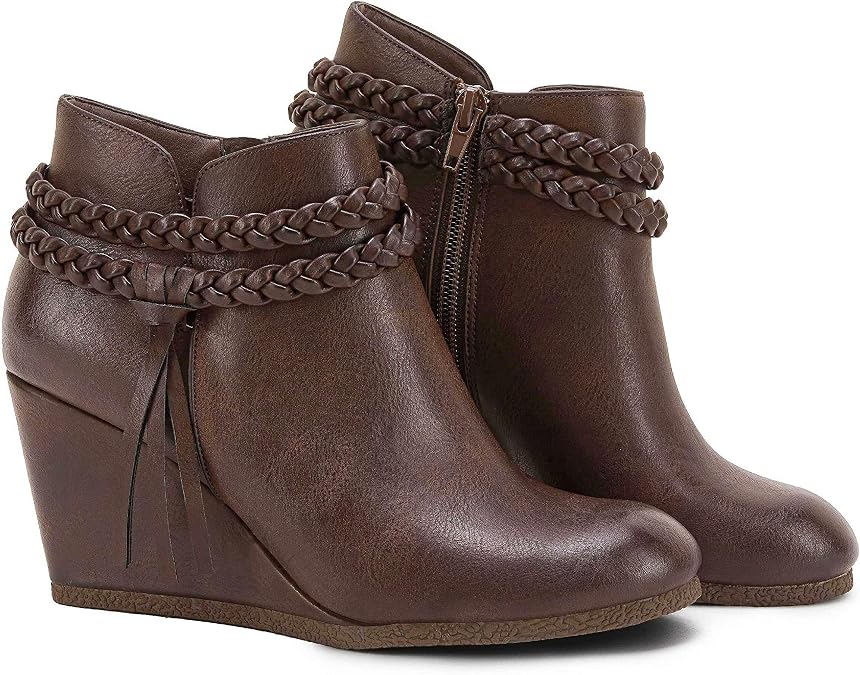 Womens Wedge Ankle Boots Braided Fringe Strap Western Heeled Fall Booties Dress Shoes