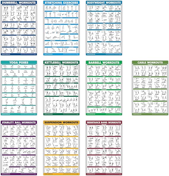 10 Pack - Exercise Workout Poster Set - Cable Machine, Dumbbell, Suspension, Kettlebell, Resistance Bands, Stretching, Bodyweight, Barbell, Yoga Poses, Exercise Ball (LAMINATED, 18" x 24")