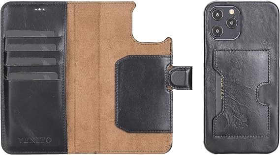 Venito Florence Leather Wallet Phone Case Compatible with iPhone 12 Pro Max (6,7 inch) - Extra Secure with RFID Blocking - Detachable Phone Wallet (Rustic Black)