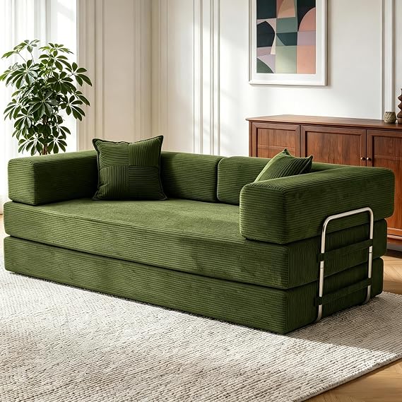 Vipbear 200cm Boneless Sofa Bed with Foam & Springs for Living Room,Green | 5-in-1 Convertible,Corduroy