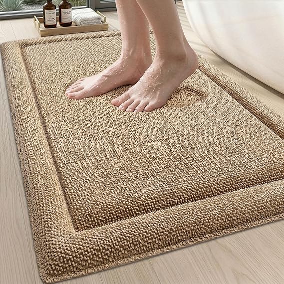 DEXI Memory Foam Bath Mat 24x17, Thick Chenille Bathroom Rug, Beige