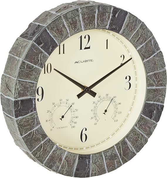 AcuRite 02418 14-Inch Faux-Slate Indoor/Outdoor Wall Clock with Thermometer, Hygrometer