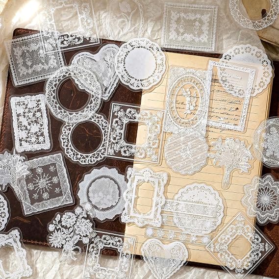 120Pcs Lace Scrapbooking Stickers Kit, Coquette Wedding Scrap Book Supplies, Waterproof Cutout Stationery Sticker, Transparent Photo Frame Decorative Stickers for Journaling Invitations DIY Art Crafts