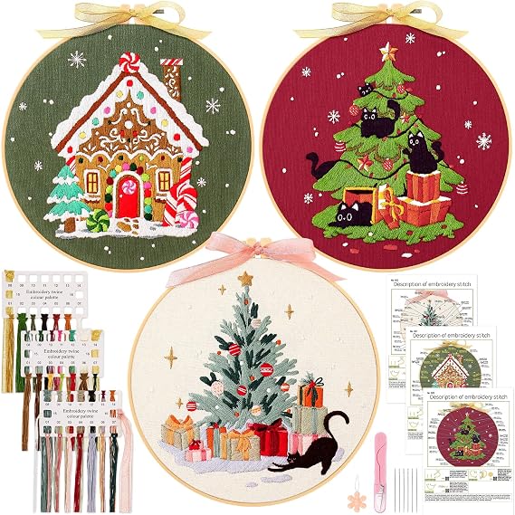 JSRQT Christmas Embroidery Kits for Adults Beginners, Christmas Cross Stitch Kits, 3 Pack DIY Needlepoint Supplies, Handmade Sewing Craft, Embroidery Starter with Patterns, Full Range of Stamped