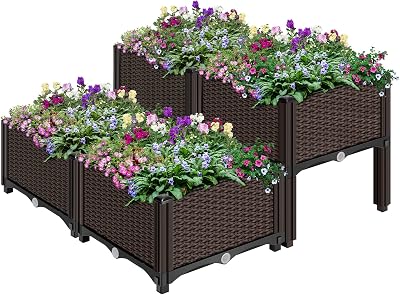 VIVOHOME 4 Packs Elevated Plastic Raised Garden Bed Planter Kit, Outdoor Planters Above Ground Flower Vegetable Standing Box for Patio Deck Porch WDrainage Holes