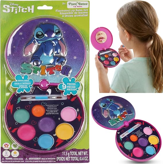 Disney Stitch Flavoured Lip Balm Set - 9PCs Circle Slide Out Lip Gloss Compact with Mirror, Lips Balm Palette Gift for Girls, Townley Kids Makeup Set