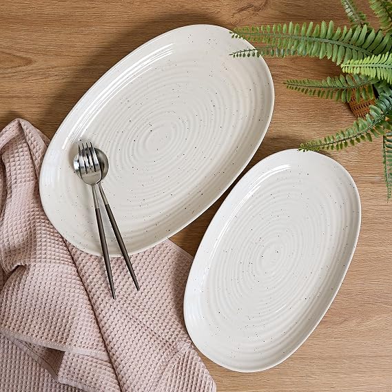 SANGO Siterra 2-Piece Speckled Stoneware Serving Platter Set- Large & Medium Ceramic Platters with Glossy Rustic Glaze for Kitchen, White Serving Dishes for Entertaining, Microwave and Dishwasher Safe