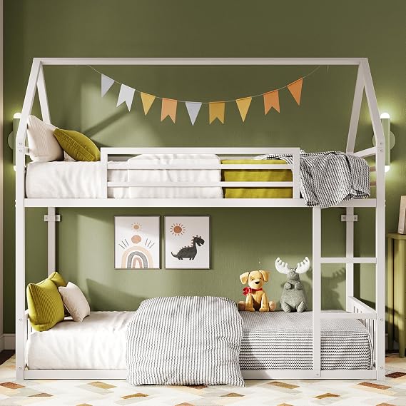 LIKIMIO Bunk Bed Twin XL Over Twin XL,House Bed Frame with Ladder, White