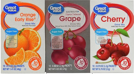 Great Value Low Calorie Sugar-Free Drink Mixes Variety Fruit Flavor 3-Box Bundle (Cherry,Grape,Orange Early Rise, 3-Pack)