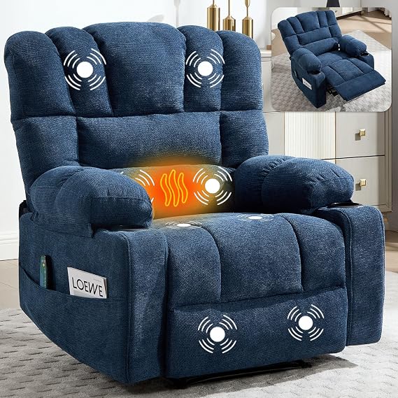 Massage Recliner Chair with Heat, Blue Recliner Chair with Cup Holder for Adults, Manual Reclining Chairs Large & Oversized Recliners for Living Room, Fabric, Heavy Duty (Blue)