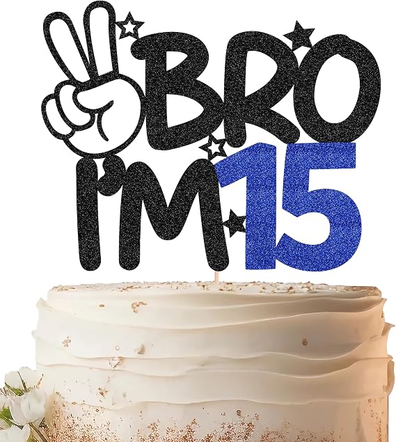 Brother I'm 15 Cake Topper - Black Glitter Funny 15th Birthday Cake Decorations for Boys, Cheers to 15 Years Cake Decor for Big Brother Birthday Party Supplies Photo Booth Prop