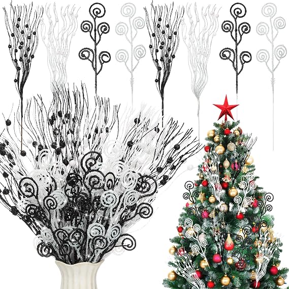 Daifunli 36 Pcs Christmas Tree Pick Spray Ornament, White Black, 17'' 12'' | Christmas Glitter Artificial Flower, Christmas Tree Berry Stem Branches, Tree Filler Topper Decoration for Xmas Wreath Vase