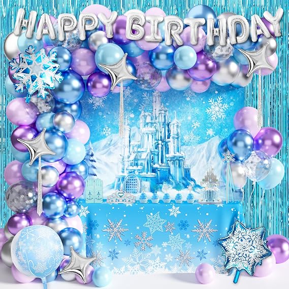 HUFAND 117 Pcs Frozen Birthday Party Supplies Princess Birthday Party Decorations for Girls Princess Tiara and Wand Set Snowflake Winter Frozen Balloon Garland Arch Kit (Style-01)