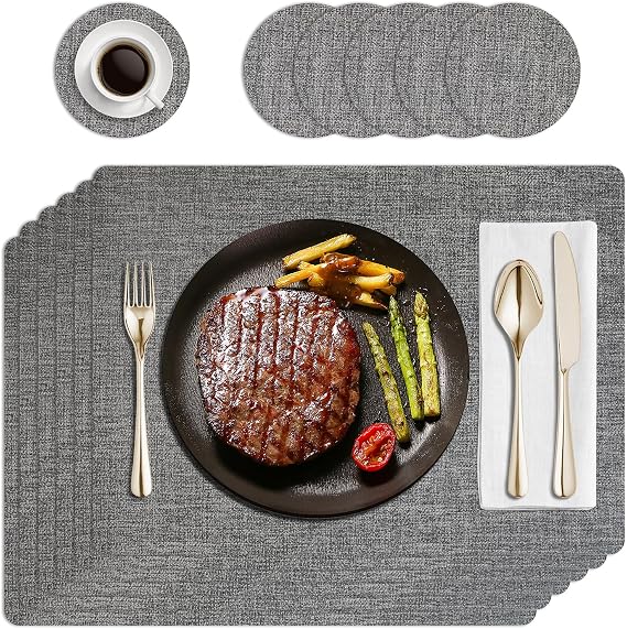 HPMAISON Placemats and Coaster Sets of 6, PU Leather Table Mats Heat-Resistant Non-Slip Washable Waterproof Dinner Table Place Mats for Home Kitchen,