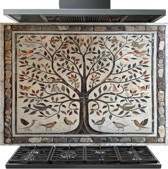 Tempered Glass Backsplash for Kitchen, Mosaic Tree of Life Glass Backsplash, Tree with Birds Backsplash for Kitchen Wall, Art Kitchen Backsplash, Easy to Install Stove Backsplash