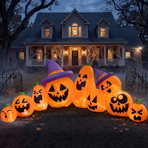 Joiedomi 12.5 FT Halloween Inflatable Pumpkin Outdoor Decorations, Blow Up Yard Decorations with Witch Hat, 9 Pcs Blow Up Pumpkin Inflatable with Built-in LEDs for Halloween Decor