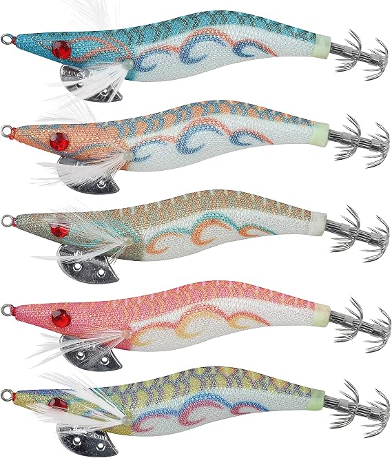 UV Squid Jigs Saltwater Fishing Lures,5pcs Glow Shrimp Prawn Lures Luminous Squid Jig Lures Artificial Cuttlefish Sleeve Jig Hooks Kit for Octopus Fishing