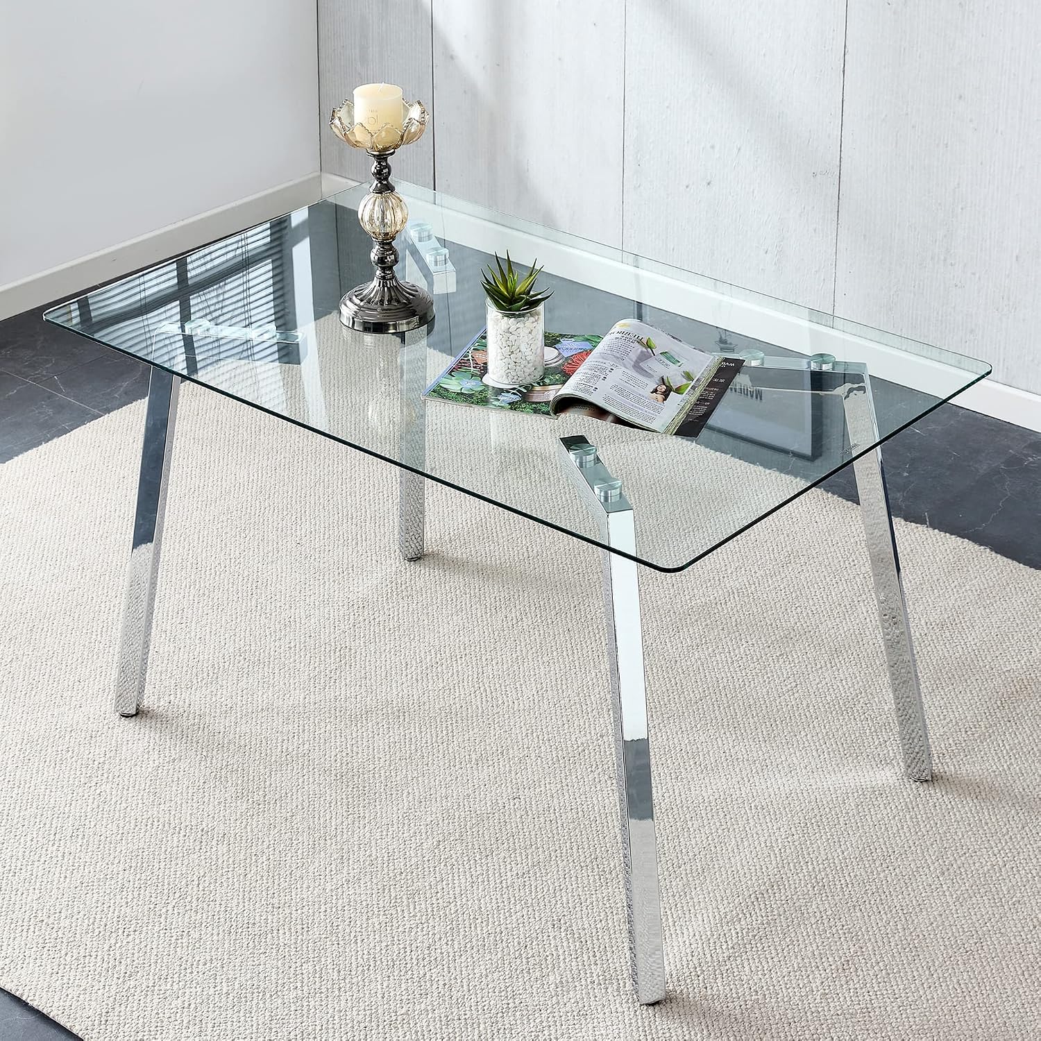 Modern Glass Dining Table for 4-6,51 Rectangular Kitchen Room Table with Sturdy Silver Chrome Legs | 0.31 Thick Clear Tempered Glass Tabletop | for Small Apartment | Easy Assembly