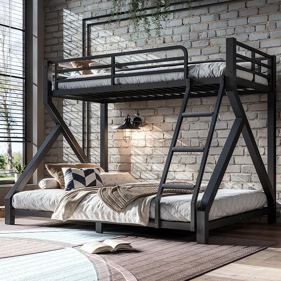 Bellemave Twin Over Full Bunk Bed Frame with Noise Reduced Design, Low Profile Bunk Bed with Ladder and Fence, Heavy Buty Bunk Beds for Adults, Teens