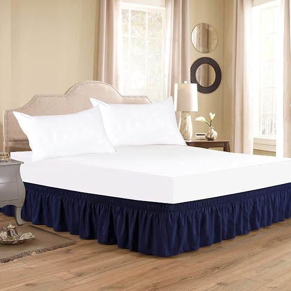 Bed Skirt Three Sides Fabric Adjustable Elastic Wrap Around Dust Ruffled Bed Skirts Twin XL, Navy Blue, 16 Inch Tailored Drop
